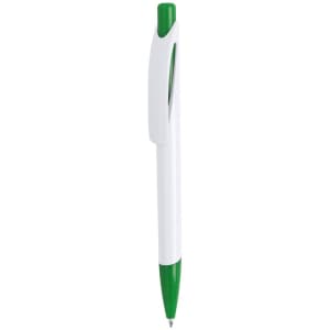 A plastic pen with a green tip and clip, featuring a white barrel and a logo on the side.