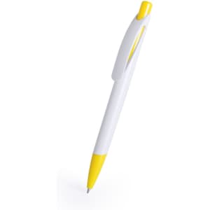 A white plastic pen with a yellow cap and grip, featuring a branding logo.