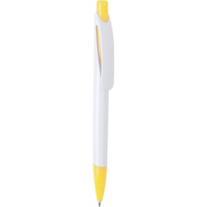 A plastic pen with a white body and yellow accents, featuring a clip and a logo.