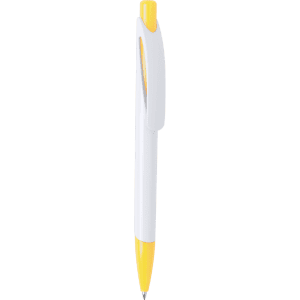 A plastic pen with a white body and yellow accents, featuring a clip and a logo.