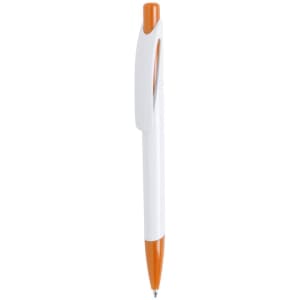 A plastic pen in white with orange accents and a clip, featuring a logo.