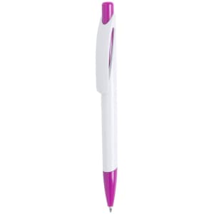 A plastic pen in white and pink, featuring a clip and a branding logo.
