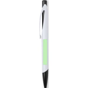 A white plastic pen with a green middle section and a black clip and tip. The pen features a branding logo.