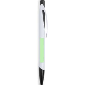 A plastic pen in white and black with a green section for custom branding.