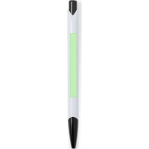 A plastic pen featuring a white body with a green accent and a black tip. It has a logo on the surface.