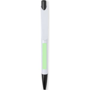A plastic pen featuring a white body and a green accent. The pen has a black tip and includes a logo.