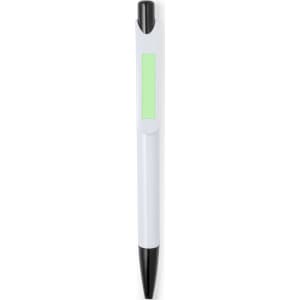 A plastic pen in white with a black tip and a green section for branding or grip.