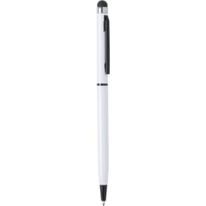 A white stylus touch ball pen with a black clip and tip, featuring a sleek design. It has a logo on the body.