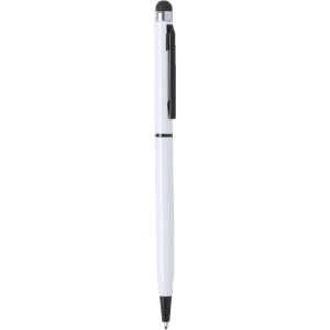 A stylus touch ball pen in white and black with a sleek, modern design and a clip for easy attachment.
