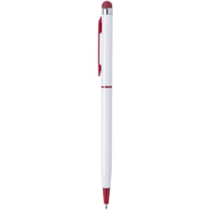 A white ball pen with red accents and a stylus tip, featuring a chrome clip.
