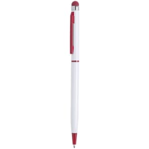 A stylus touch ball pen featuring a white barrel with red accents and a chrome tip, including a branding logo.