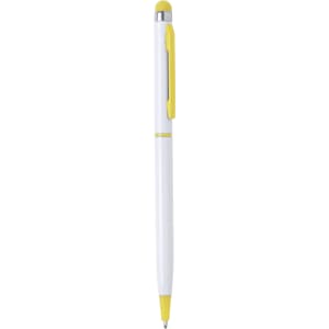 A white and yellow stylus touch ball pen with a sleek design and a clip for easy attachment.