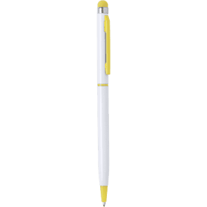 A stylus touch ball pen in white with yellow accents and a silver clip, featuring a sleek design.