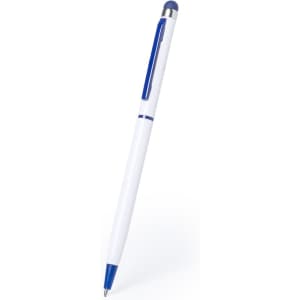 A stylus touch ball pen in white and blue, featuring a sleek design and a clip on the side.