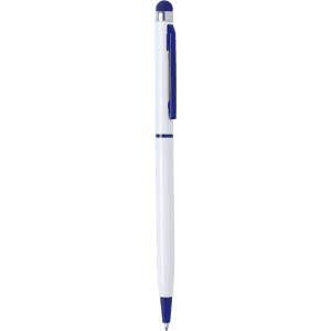 A white and blue stylus touch ball pen with a clip and silver accents. It features a logo on the barrel.