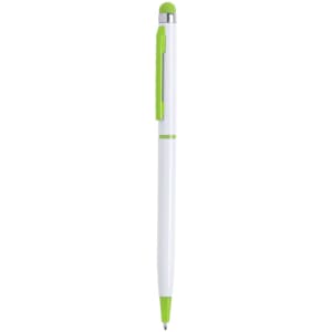 A stylus touch ball pen in white with green accents, featuring a clip and a logo.