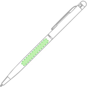 A stylus touch ball pen in a sleek design with a green accent and a clip, featuring a branding logo.