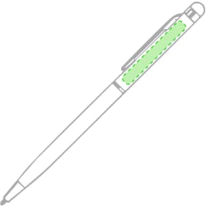 A stylus touch ball pen in white with a green grip. The pen features a clip and has a logo.