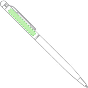 A green stylus touch ball pen with a clip, featuring a sleek white body and branding.