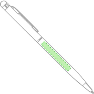 A green stylus touch ball pen with a clip and textured grip area, featuring a logo.