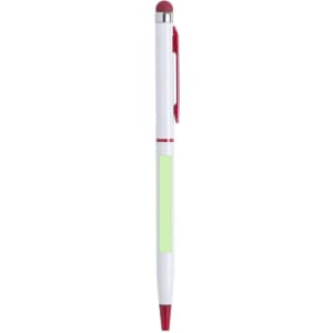 A white stylus touch ball pen with a red tip and clip, featuring a green section for branding.