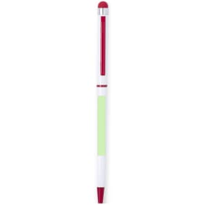 A white stylus touch ball pen with a red tip and clip, featuring a green section. The pen has a logo.