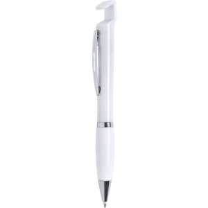 A white pen with a silver clip and a unique holder design, featuring a branded logo.