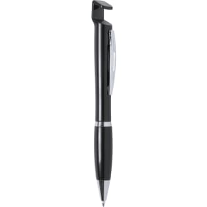A black pen with a clip design and silver accents. It features a smooth barrel and a metal clip.