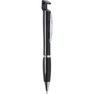 A black pen with a sleek design and a clip, featuring a silver accent and a logo.