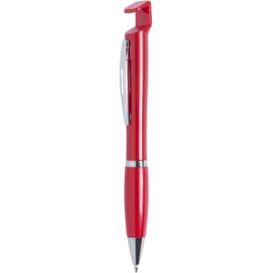 A red pen with a clip design, featuring a silver accent and a logo on the barrel.