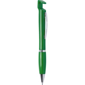 A green pen with a unique holder design and a silver clip. The pen features a smooth finish.