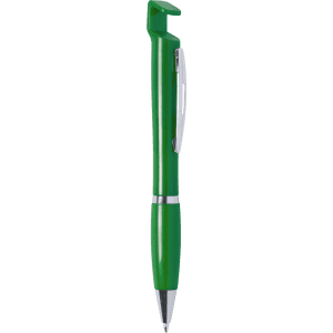 A green pen with a unique holder design and a silver clip. It features a sleek finish and a logo.