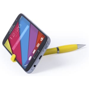 A yellow pen designed to hold a smartphone, positioned upright, showcasing a colourful phone screen.