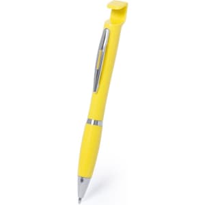 A yellow pen with a sleek design, featuring a clip and silver accents, ideal for writing.
