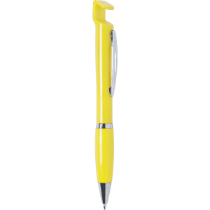 A yellow pen with a sleek design, featuring a silver clip and a logo on its body.