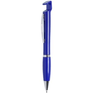 A blue pen with a unique design and a silver clip, featuring a logo on its surface.