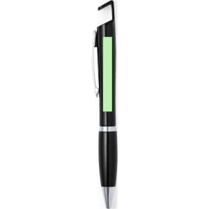A black pen with a silver tip and clip, featuring a green section, includes a logo on its surface.