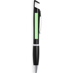 A black pen with a green section and a silver clip, featuring a branding logo on the body.