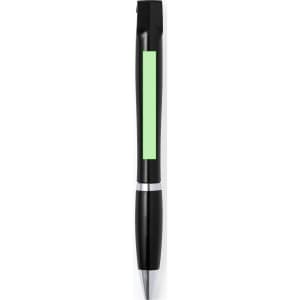 A black pen with a silver band and a green panel for branding. The pen features a sleek design.