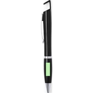 A black pen with a green accent and a clip, featuring a logo on the body.