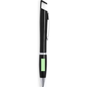 A black and silver pen with a green accent and a clip for attachment, featuring a logo.