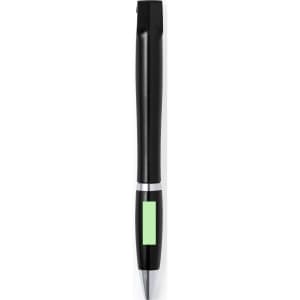 A black pen with a silver accent and a green section for branding or personalisation.