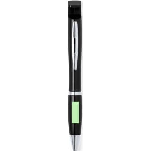A black pen with a silver clip and a mint green accent, featuring a logo on the body.