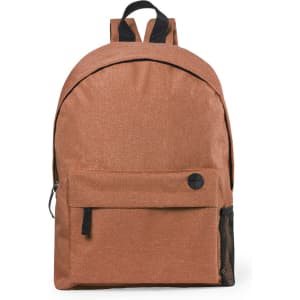A rust-coloured backpack with a front pocket and a mesh side pocket. It features two shoulder straps and a logo.