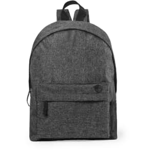 A grey backpack featuring a rounded top, adjustable straps, and a front pocket. It has a logo on the front.