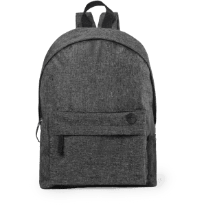 A grey backpack with a front pocket and adjustable straps. It features a logo on the front.