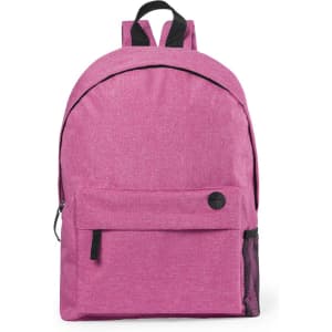 A pink backpack with a front pocket, black straps, and a mesh side pocket, featuring a logo.