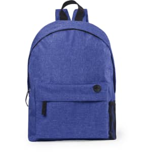 A blue backpack with a front pocket, side mesh pocket, and black straps; features a branding logo.