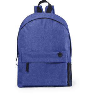 A blue backpack with a front pocket, side mesh pocket, and adjustable straps. It features a logo on the front.