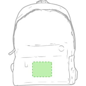 A backpack with a simple design, featuring a front pocket and a logo, primarily in neutral colours.